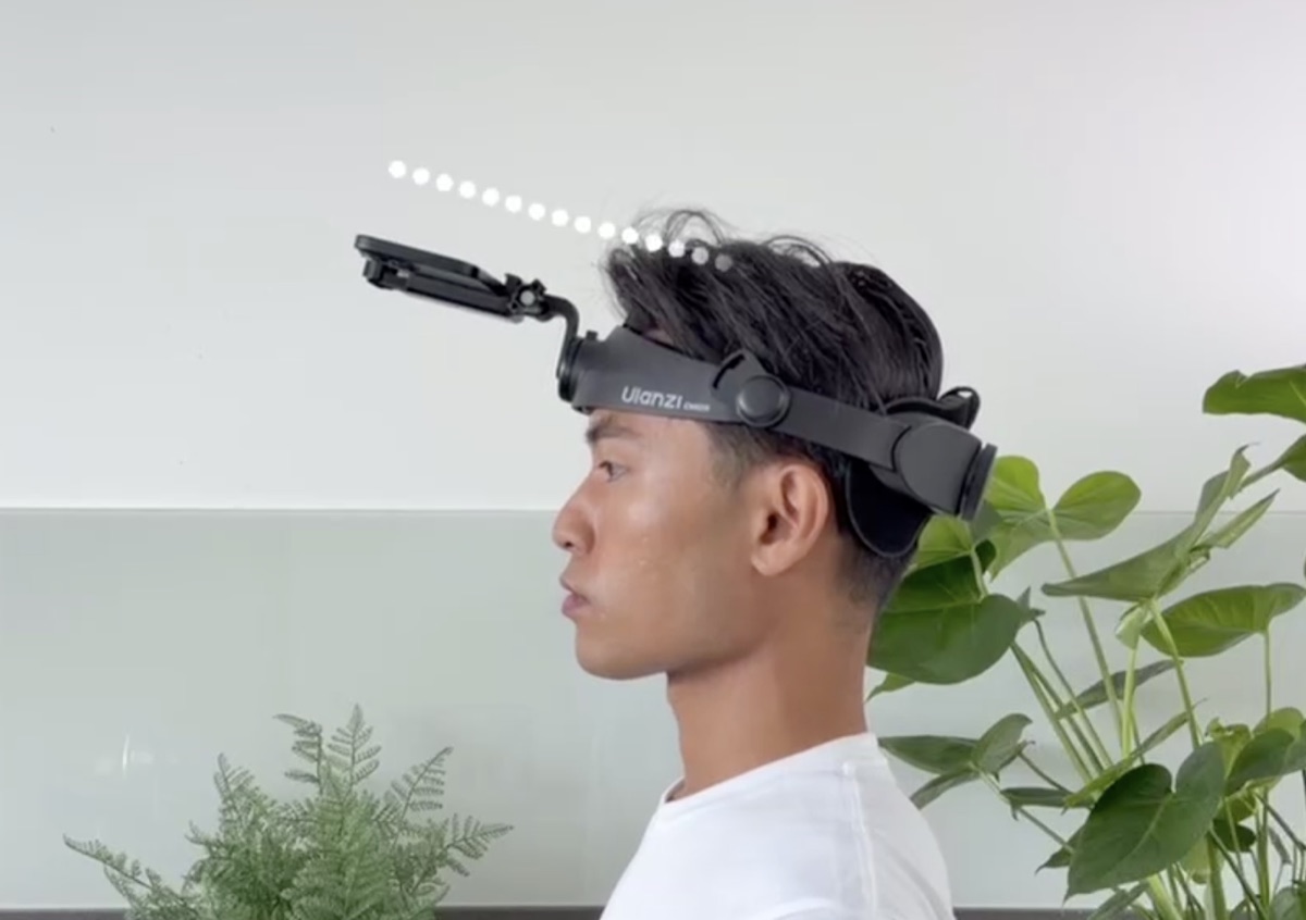 The headgear worn, the camera line running forward from above the eyes